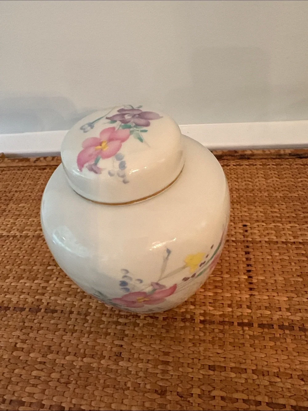 Srednick Collection Porcelain Ginger Jar, Made in Japan, Floral Motif, Gold Trim
